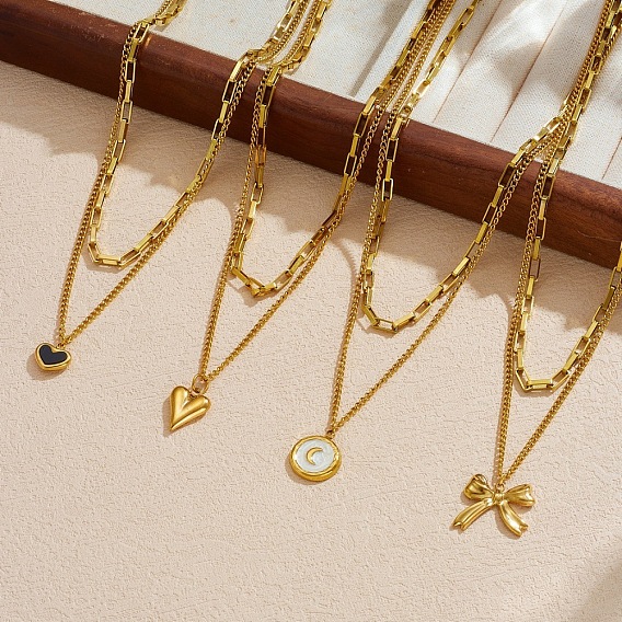 304 Двухслойное ожерелье из нержавеющей стали с подвеской в виде сердца и бантика, плоской круглой формы, для женщин, золотые