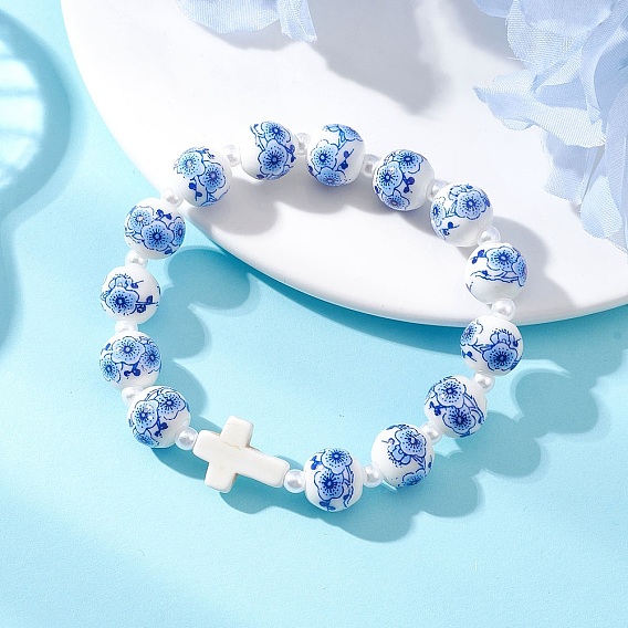 Браслеты из акрила с имитацией жемчуга, фарфора ручной работы и синтетических бирюзовых бусин., эластичные браслеты для женщин, круглый и крест