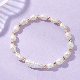 Эластичные браслеты из натурального культивированного пресноводного жемчуга и бусины кеши в стиле барокко для женщин, с латунным