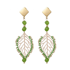 Natural White Jade Leaf Stud Earrings, with Brass Pendants and 304 Stainless Steel Stud Earring Findings, Golden