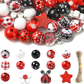 70 шт. 14 стили, круглые деревянные бусины с принтом и джутовым шнуром 10 м., разнообразные