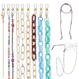 Arricraft 10 pcs 9 styles chaînes de lunettes, tour de cou pour lunettes, avec des perles en verre de graine, chaînes porte-câbles acryliques et extrémités de boucle en caoutchouc