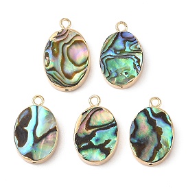 Natural Paua Shell Pendants, Oval Charms with Brass Edge