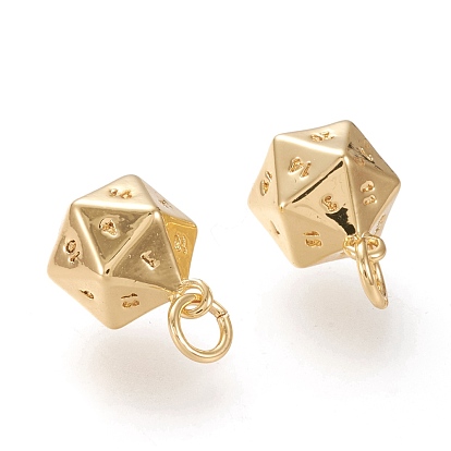 Brass Charms, with Jump Rings, Long-Lasting Plated, 20 Sided Dice Charm