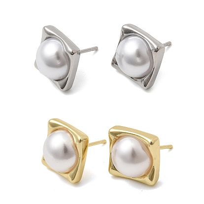 Латунь серьги стержня, прямоугольные, с пластмассовой жемчужиной abs, долговечный, стойки покрытие, без свинца и без кадмия