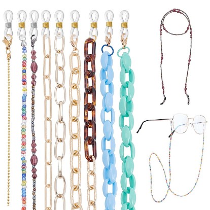 10Pcs 9 Styles Eyeglasses Chains, Neck Strap for Eyeglasses, with Glass Seed Beads, Acrylic Cable Chains and Rubber Loop Ends