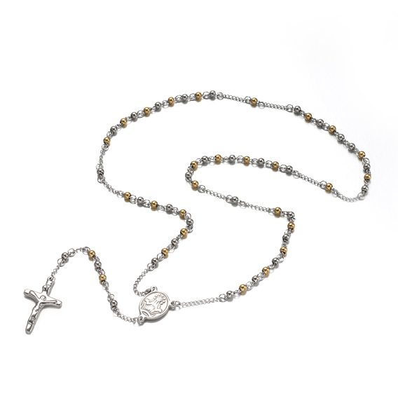 Два тона 304 из нержавеющей стали четки из бисера ожерелья, с крестом распятия и овальной кулон, на Пасху