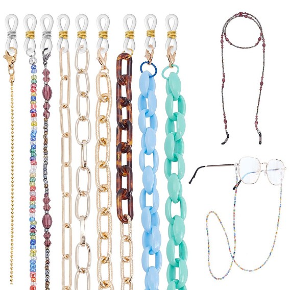 10Pcs 9 Styles Eyeglasses Chains, Neck Strap for Eyeglasses, with Glass Seed Beads, Acrylic Cable Chains and Rubber Loop Ends