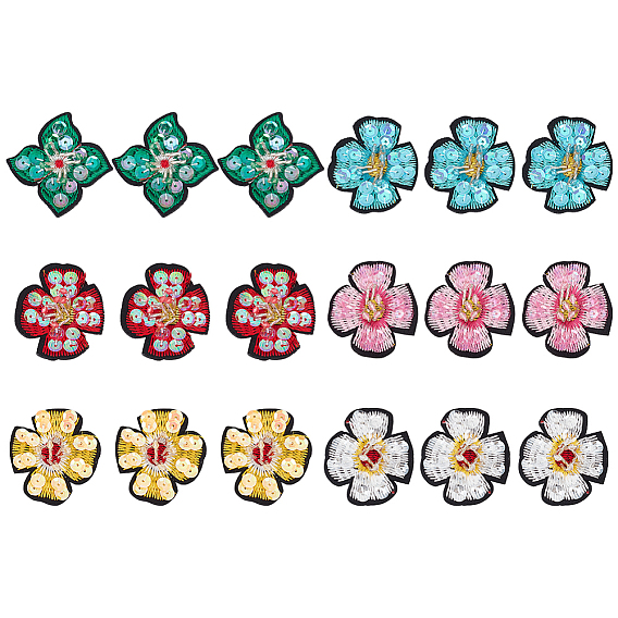 36Pcs 6 Styles Polyester & Plastic Computerized Embroidery Sew on Ornament Accessories, Flower