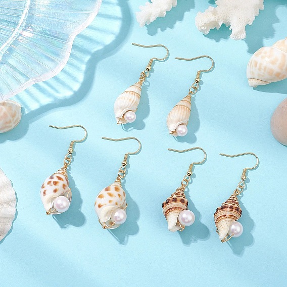 3 пара 304 серьги-подвески из нержавеющей стали для женщин и мужчин, с естественной оболочке, формы раковины