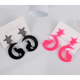Colorful Acrylic Animal Earrings - Unique, Exaggerated, Fluorescent Moon and Stars, Black Cat