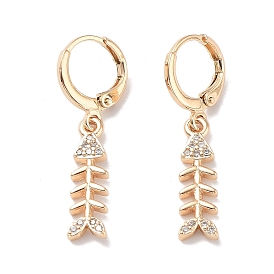 Real 18K Gold Plated Brass Dangle Leverback Earrings, with Cubic Zirconia, Fishbone