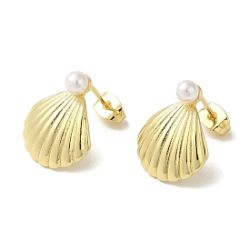 Rack Plating Brass & Round Glass Pearl Beach Shell Shaped Stud Earrings for Women, Cadmium Free & Lead Free, Long-Lasting Plated