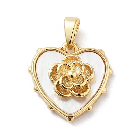 Brass Pave Natural Shell Pendants, Heart with Flower Charms