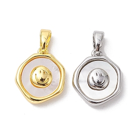 Rack Plating Brass Pave Shell Flat Round Charms with Smiling Face, Seashell Color