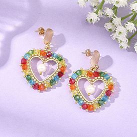 Shell Pearl & Electroplate Glass Beads Braided Dangle Earrings, Heart, Brass Stud Earrings for Women