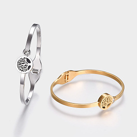 304 Stainless Steel Bangles, with Resin and Rhinestone, Flat Round with Tree of Life