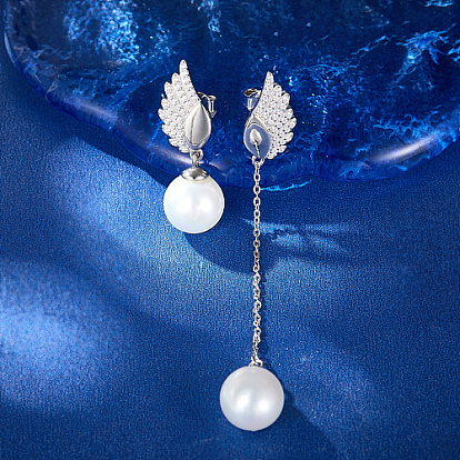 Aretes de plata de ley con baño de rodio y micro pavé de circonitas cúbicas, pendientes asimétricos para mujer, con cuentas redondas de perlas