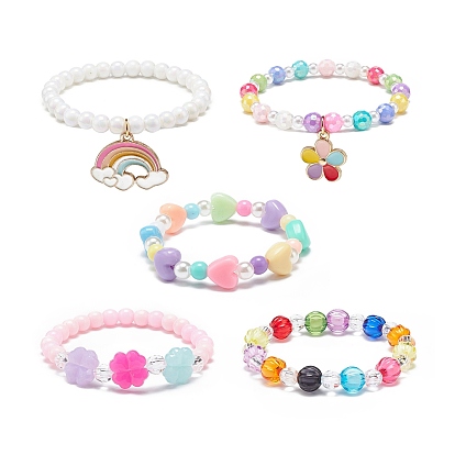 5Pcs 5 Style Round & Heart & Clover Beaded Bracelets Set, Alloy Enamel Flower & Rainbow Charms Stackable Bracelets for Girls