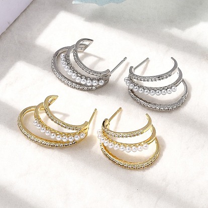 Серьги-гвоздики в форме буквы С из латуни с микропаве из прозрачных кубических цирконий, с абс пластмассовыми жемчужными бисером, стойки покрытие, долговечный, без кадмия и без свинца