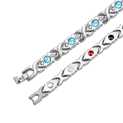 Aquamarine Rhinestone Oval Link Chain Bracelet, Stainless Steel Watch Band Bracelet for Women