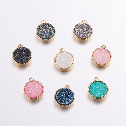 Electroplate Natural Druzy Agate Charms, with Brass Findings, Flat Round, Golden