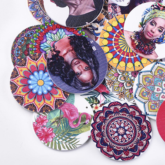 Printed Wooden Big Pendants, Dyed, Flat Round with Flower