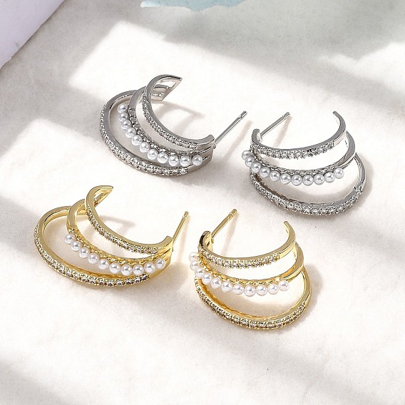 Серьги-гвоздики в форме буквы С из латуни с микропаве из прозрачных кубических цирконий, с абс пластмассовыми жемчужными бисером, стойки покрытие, долговечный, без кадмия и без свинца