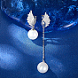 Aretes de plata de ley con baño de rodio y micro pavé de circonitas cúbicas, pendientes asimétricos para mujer, con cuentas redondas de perlas