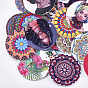 Printed Wooden Big Pendants, Dyed, Flat Round with Flower