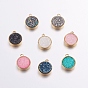 Electroplate Natural Druzy Agate Charms, with Brass Findings, Flat Round, Golden