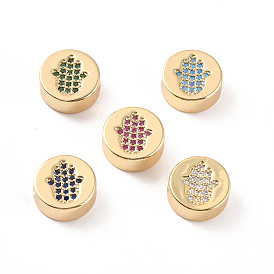 Rack Plating Brass Micro Pave Cubic Zirconia Beads, Cadmium Free & Lead Free, Real 18K Gold Plated, Flat Round with Palm  Pattern