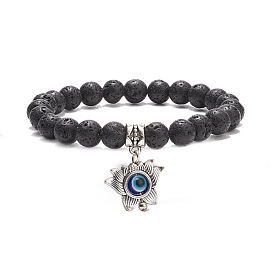 Round Natural Lava Rock Beaded Stretch Bracelet, Alloy Lotus with Resin Evil Eye Charm Yoga Bracelet for Women