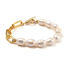 Natural Baroque Pearl Keshi Pearl Beaded Bracelets, with Iron Paperclip Chains and 304 Stainless Steel Toggle Clasps