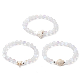 3Pcs Beach Dolphin & Turtle & Starfish Dyed Synthetic Turquoise Bead Bracelets, 8mm Round Synthetic Moonstone Beaded Stretch Bracelets, for Women Men