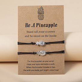 Adjustable Alloy Pineapple Wax Cord Bracelet Set with Blessing Card for Women
