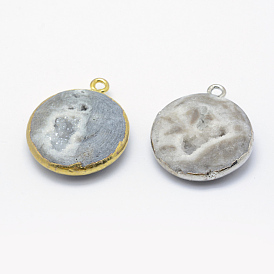 Natural Druzy Quartz Pendants, with Brass Findings, Flat Round
