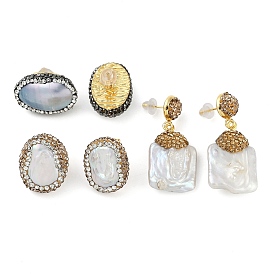 Rack Plating Nuggets/Oval Brass With Rhinestone & Natural Pearl Handmade Indonesia Stud Earrings, Long-Lasting Plated