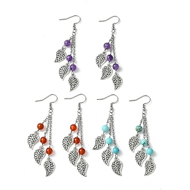 3 Pairs 3 Style Natural & Synthetic Mixed Gemstone Dangle Earrings, Alloy Leaf Cluster Earrings