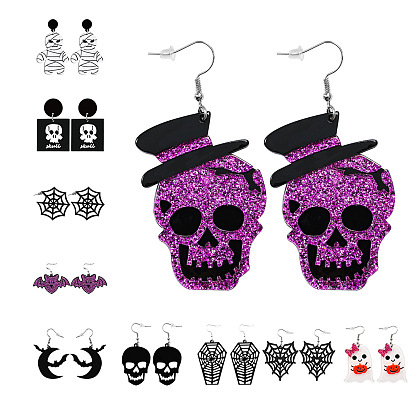 Spooky Acrylic Earrings with Ghost, Spider, Skull and Bat Designs for Halloween