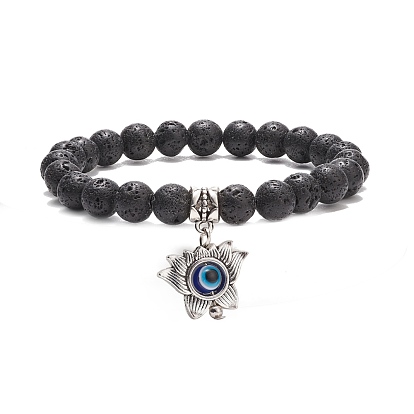 Round Natural Lava Rock Beaded Stretch Bracelet, Alloy Lotus with Resin Evil Eye Charm Yoga Bracelet for Women