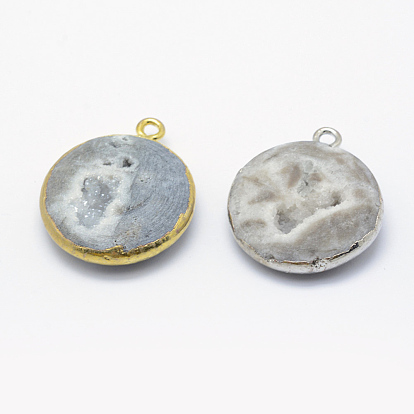Natural Druzy Quartz Pendants, with Brass Findings, Flat Round