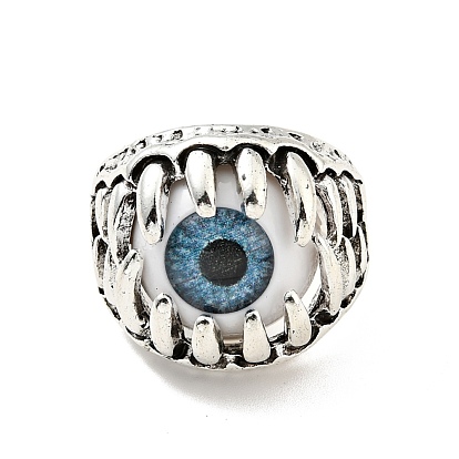 Claw with Evil Eye Resin Open Cuff Ring, Antique Silver Alloy Gothic Jewelry for Men Women