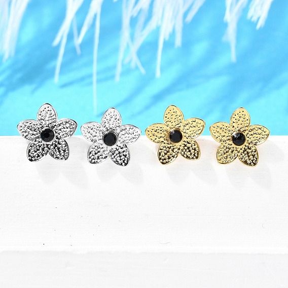 304 из нержавеющей стали серьги, со стразами, ионное покрытие (ip), цветок