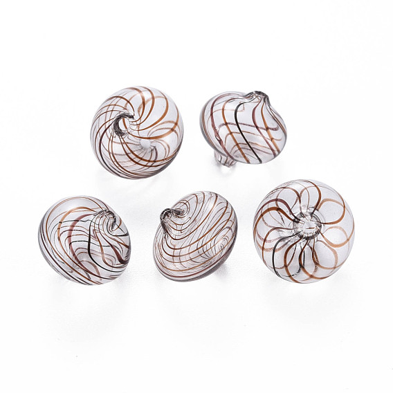 Transparent Handmade Blown Glass Globe Beads, Stripe Pattern, Flat Round