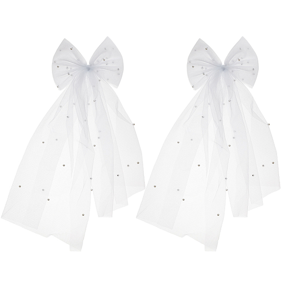 2шт. свадебная сетчатая вуаль из полиэстера с бантом, с пластиковыми бусинами из АБС-пластика и расческами для волос, для женщин