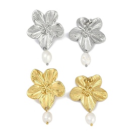 304 Stainless Steel Flower Stud Earrings, with Natural Pearl