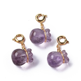 Natural Amethyst Money Bag Spring Ring Clasp Charms, Rack Plating Brass Spring Ring Clasps