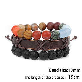 10mm Universe Planet Volcanic Stone Bracelet Set - Retro Leather Cord Men's and Women's Jewelry