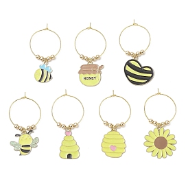 7 шт. подвески для бокалов для вина из эмалевого сплава в виде пчел, с 304 соединительными кольцами из нержавеющей стали и латунными проставками